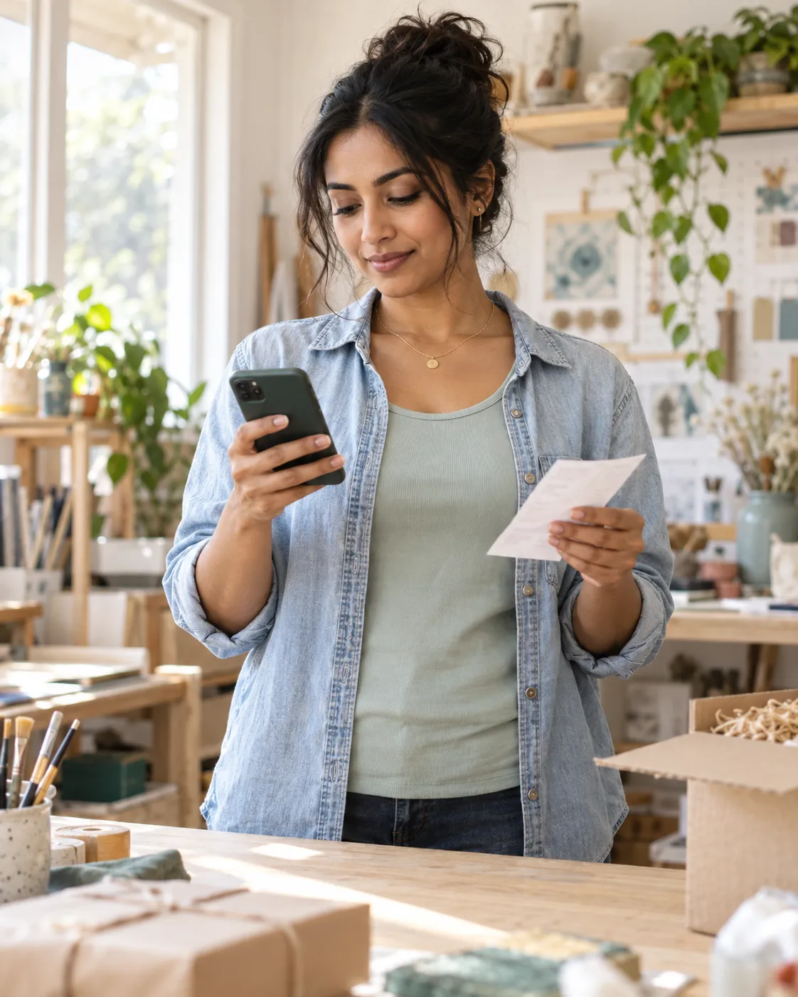 Una trabajadora independiente revisa su celular y un recibo en un espacio de trabajo creativo y luminoso