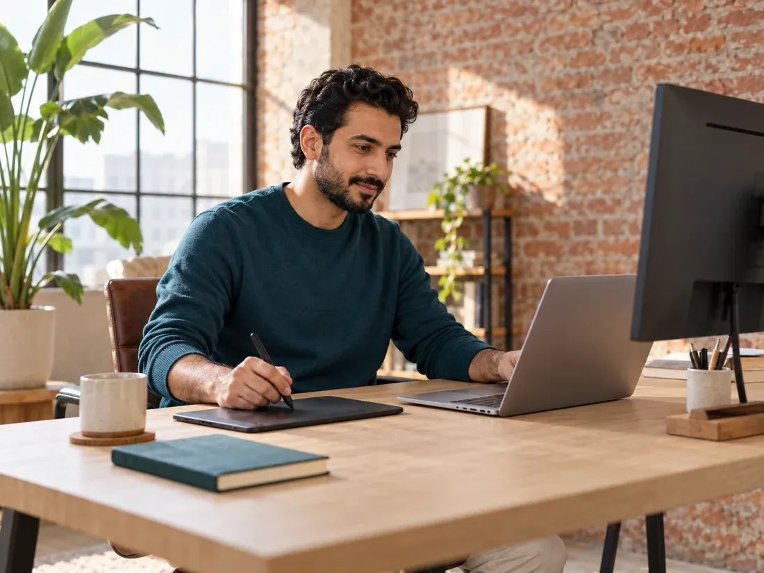 Diseñador freelance trabajando en su escritorio en una oficina tipo loft