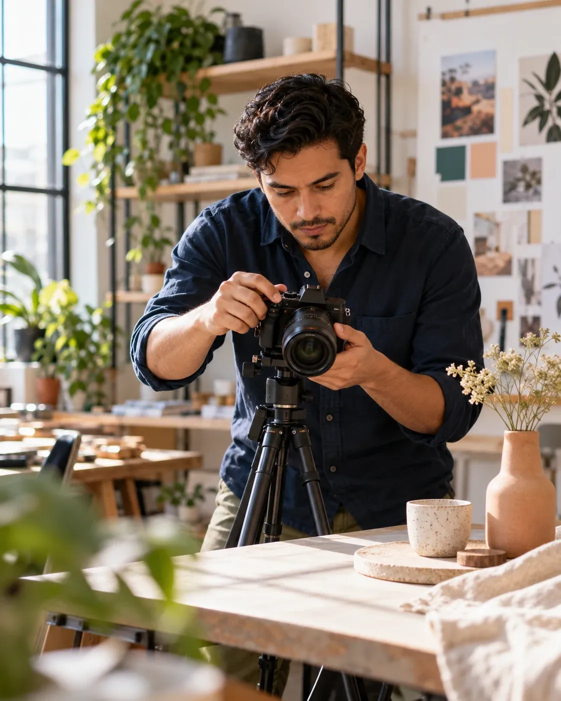 Un creador filmando una escena de producto sobre una mesa