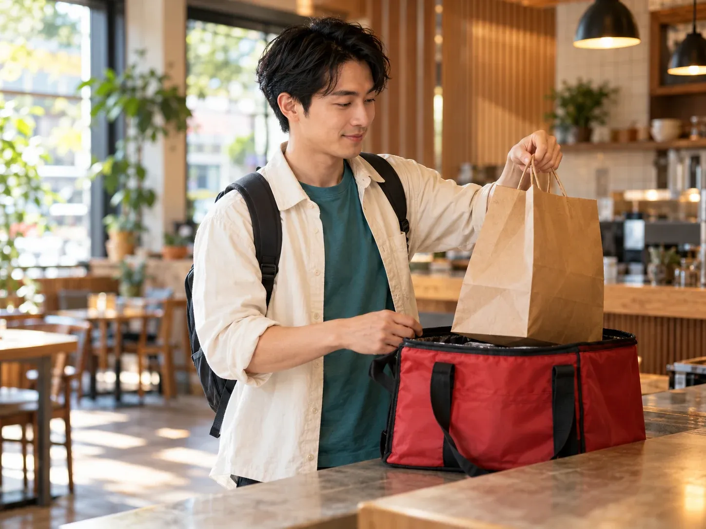 Un repartidor guarda un pedido para llevar en una bolsa térmica en el mostrador de un restaurante