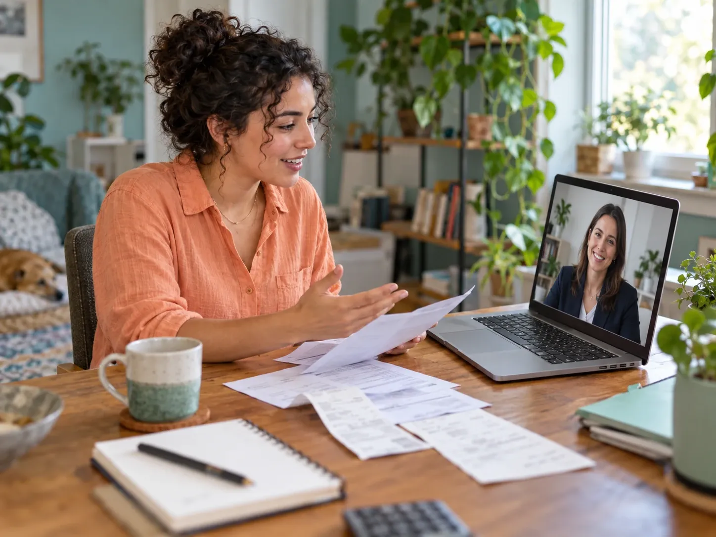 Trabajadora independiente revisa sus registros de gastos con un experto en impuestos por videollamada desde su espacio de trabajo en casa