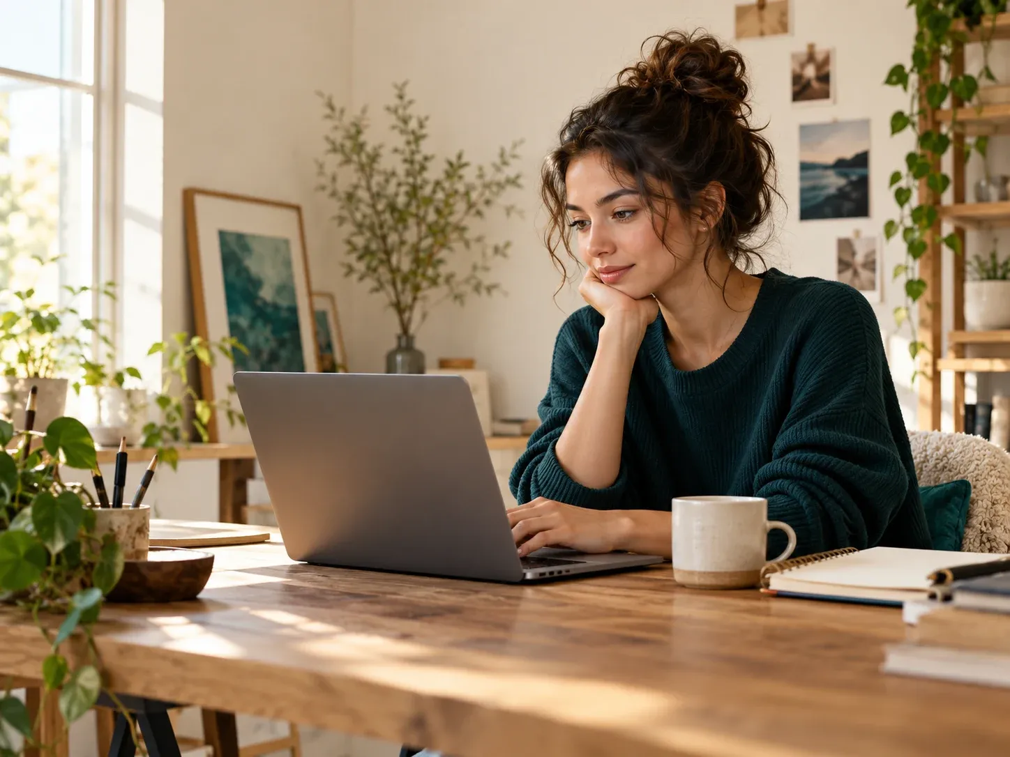 Una freelancer trabaja en una laptop en un luminoso estudio en casa