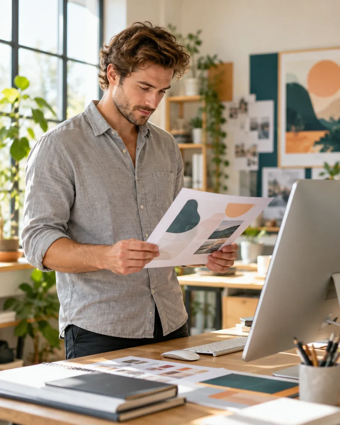 Un diseñador freelance revisando un proyecto en su estudio