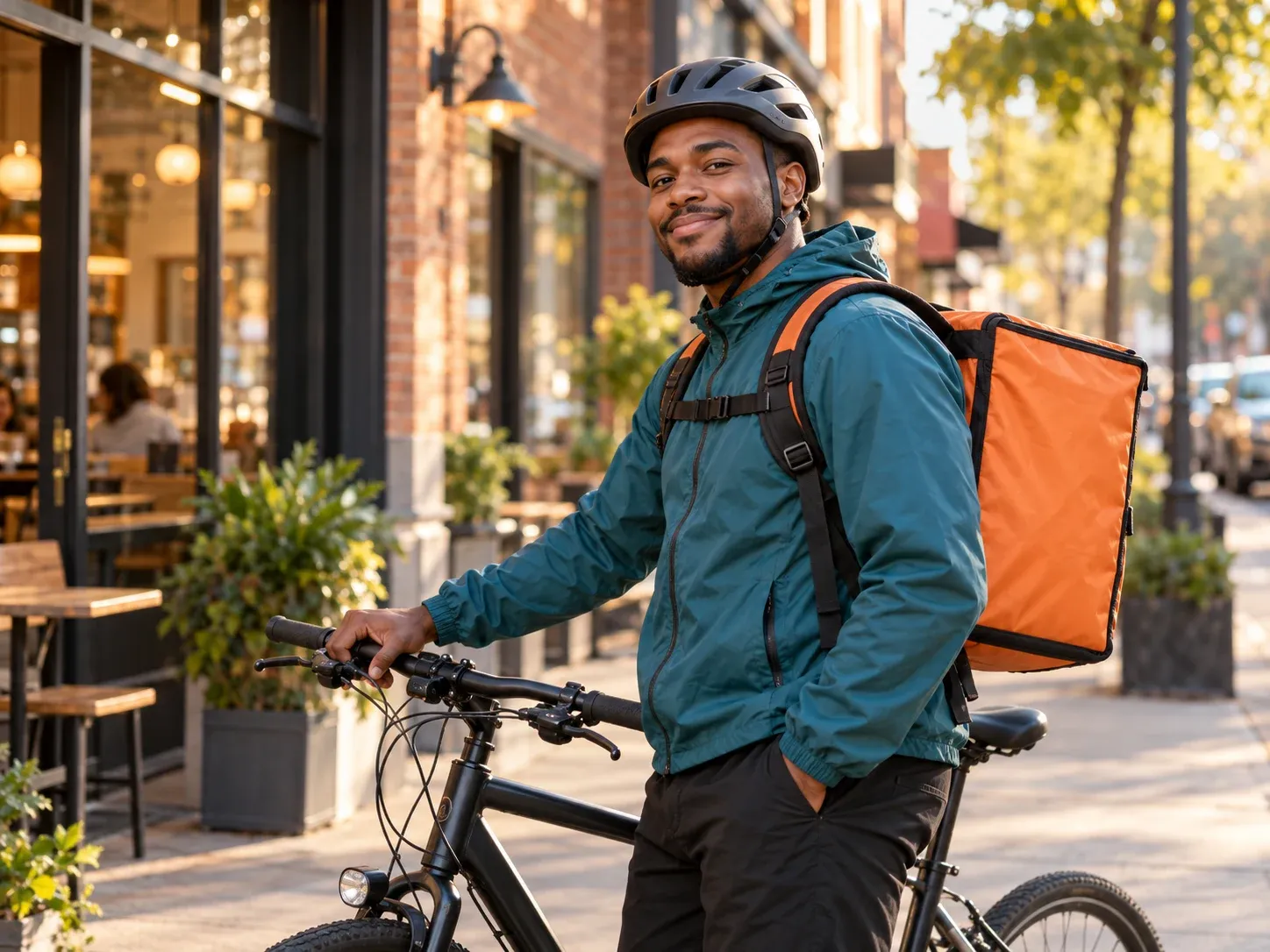 Un repartidor en bicicleta sonriente, con casco y mochila térmica de reparto, afuera de un café