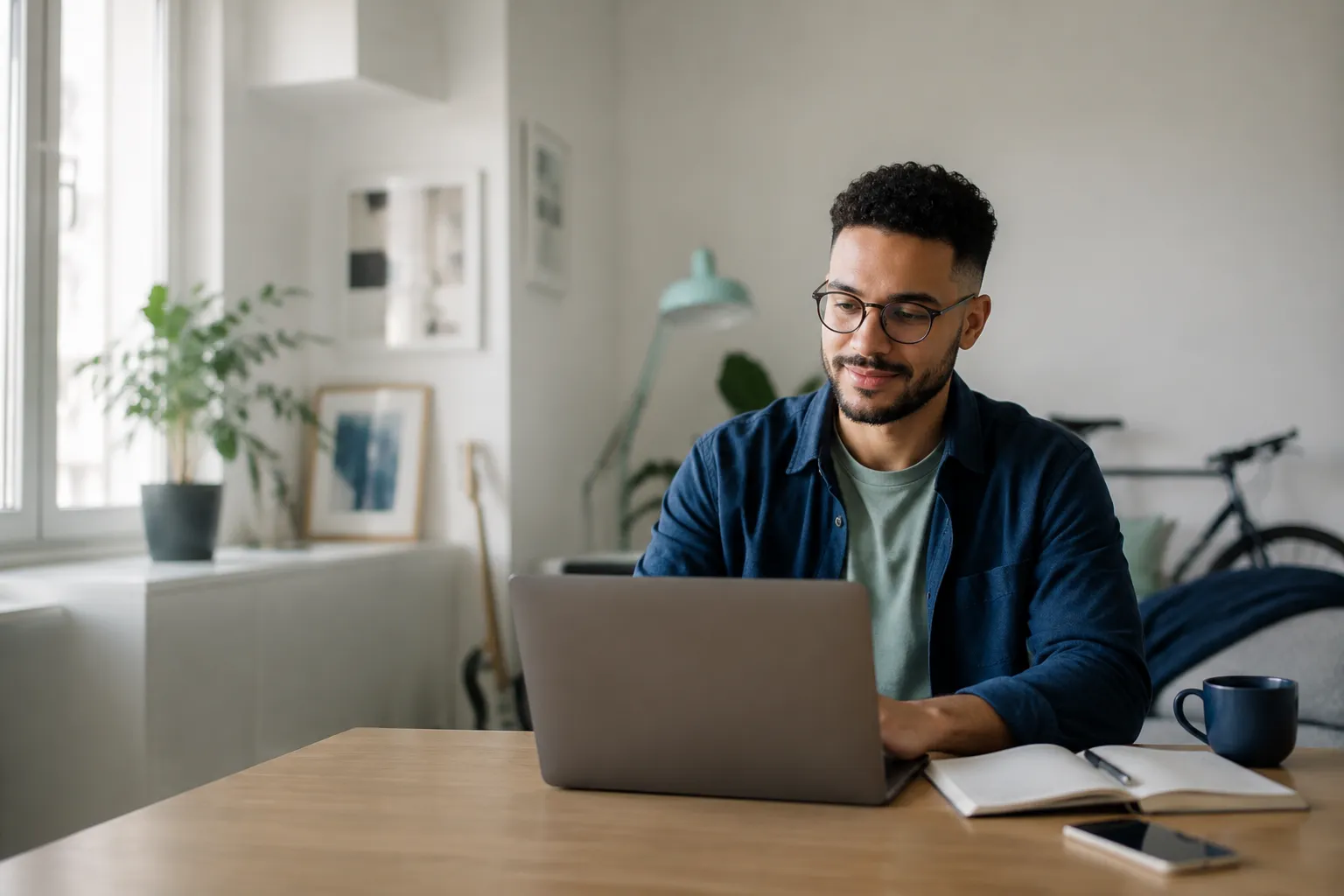 Trabajador independiente usando su computadora portátil en su espacio de trabajo en casa