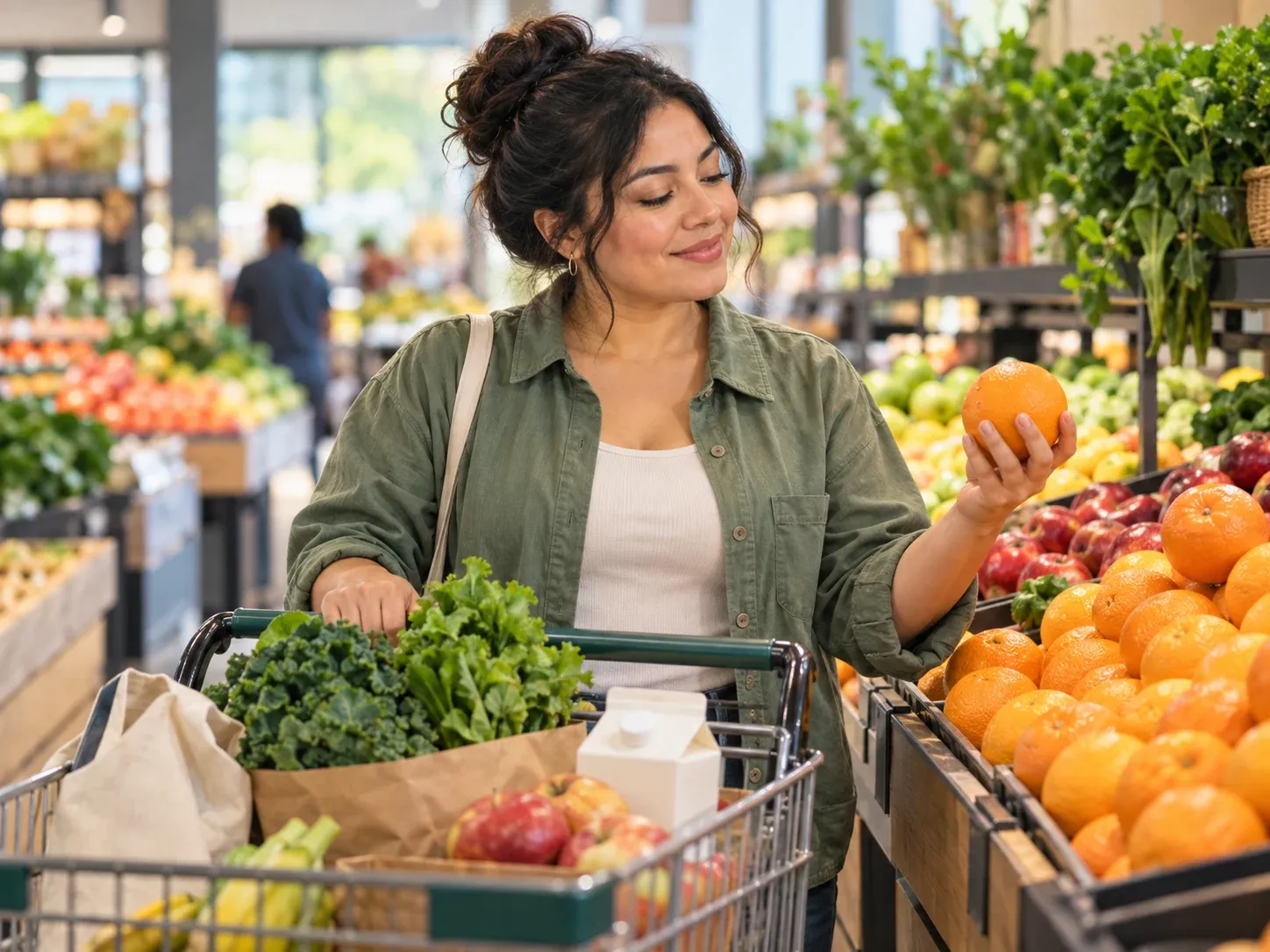Un shopper elige naranjas en la sección de frutas y verduras de un supermercado, con el carrito lleno