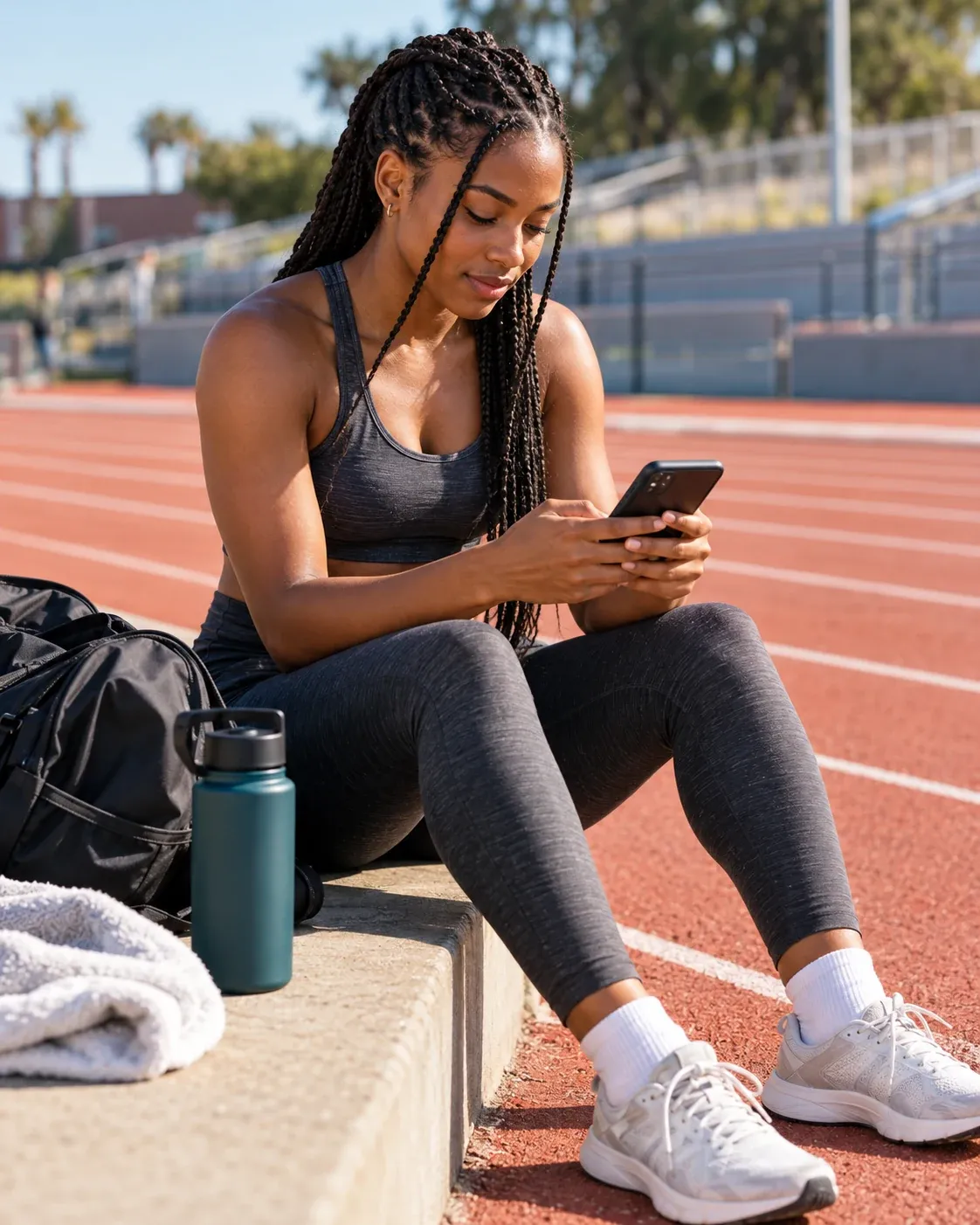Una atleta universitaria revisando su celular en una pista