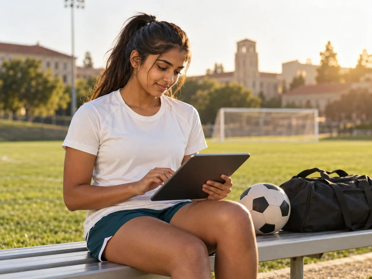 Una estudiante atleta revisando una tableta junto a una cancha de fútbol del campus