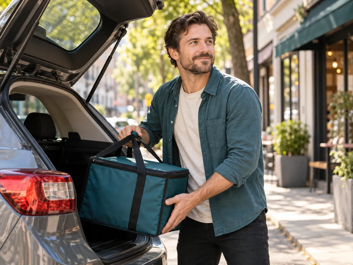 Un repartidor metiendo una bolsa térmica en un auto