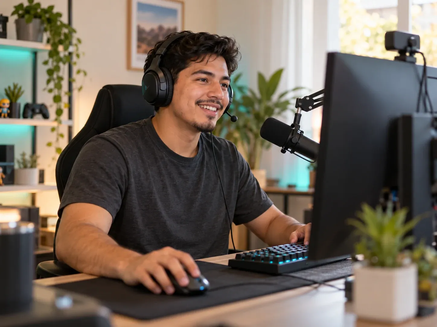 Un streamer sonriente con audífonos en un escritorio con micrófono, teclado y monitor