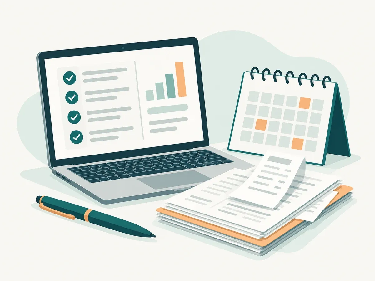 Una computadora portátil con una lista de tareas organizada junto a registros de gastos y un calendario, que muestra buenos hábitos fiscales durante todo el año